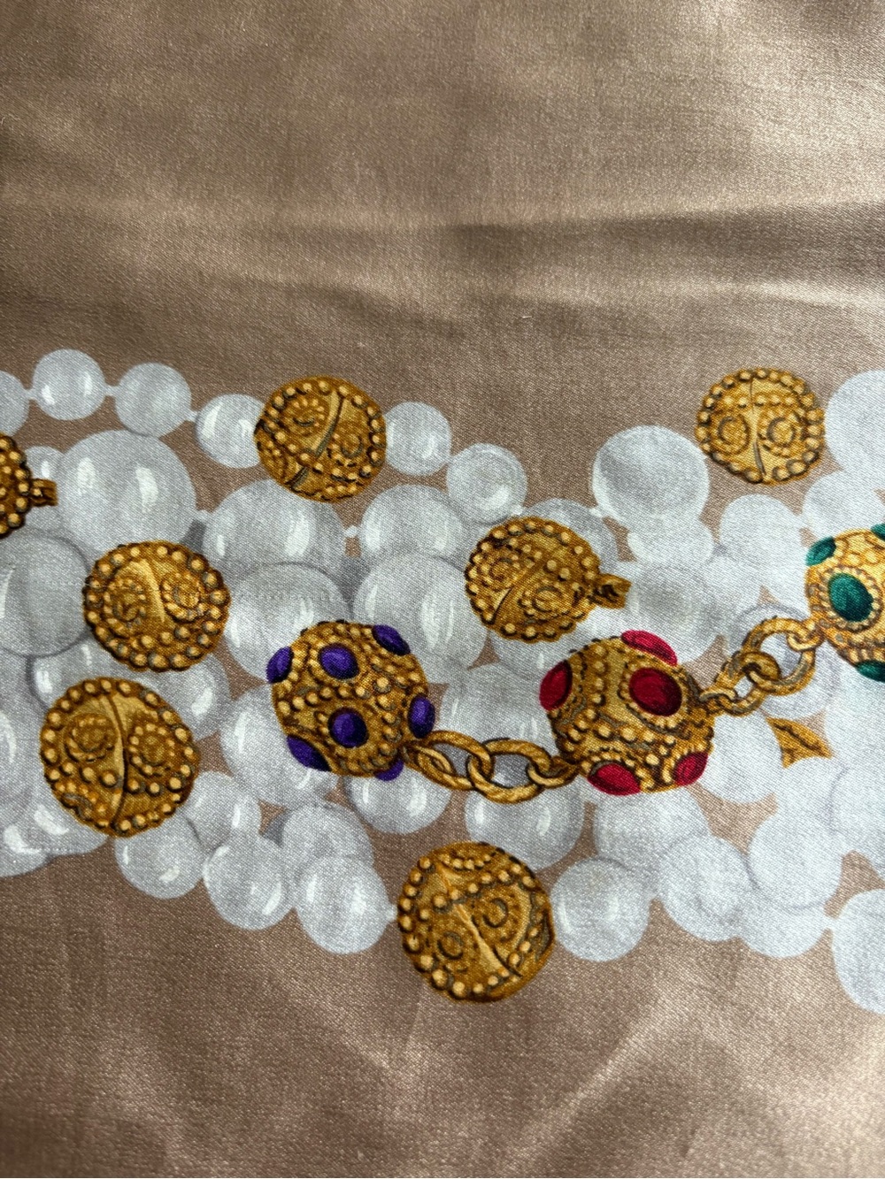 Chanel Vintage Silk Scarf Beige and White Pearl and Jewel Print - Picture 6 of 9